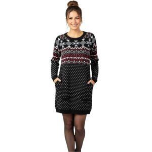 Pink Rose NEW Sweater Dress Tunic Pockets Print Knit Soft Nordic Style Large Red